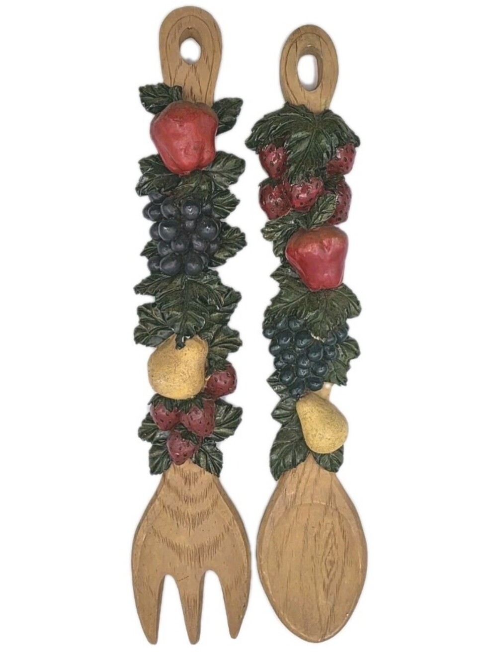 Vintage 70s Fruit Spoon Fork Plaster Wall Hanging Decor Set Of 2 Apple Grapes